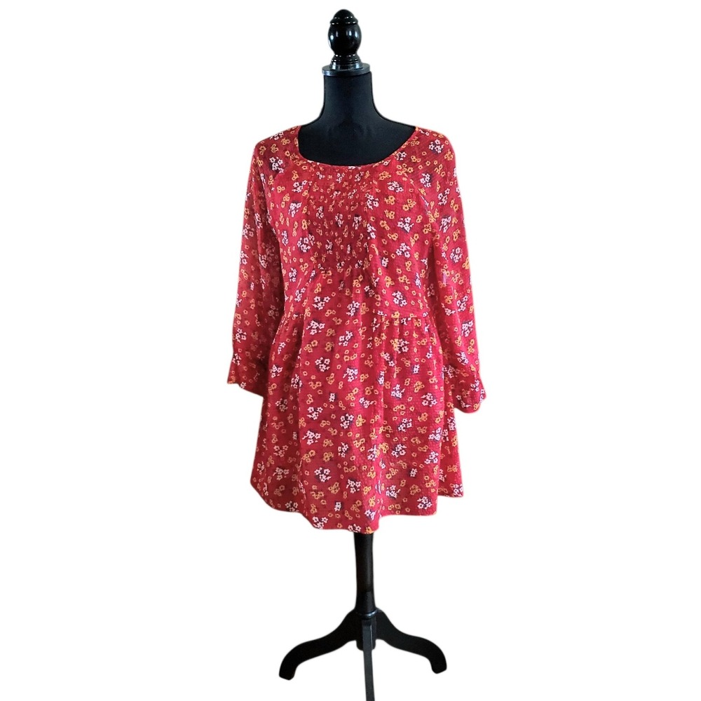 Free People Red Floral Smocked Mini Dress Long Sleeve Dobby Print Size 8 Granola